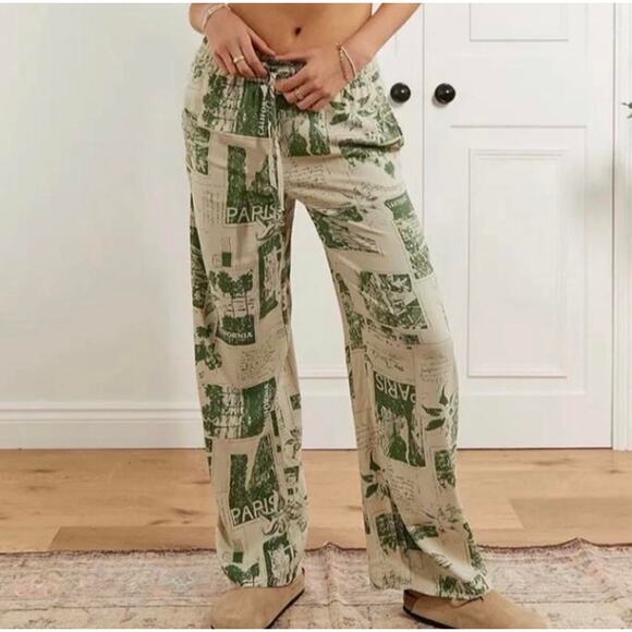 Urban Outfitters Carmen Pull On City Pant Paris Patchwork Cream Green Small - Picture 1 of 6